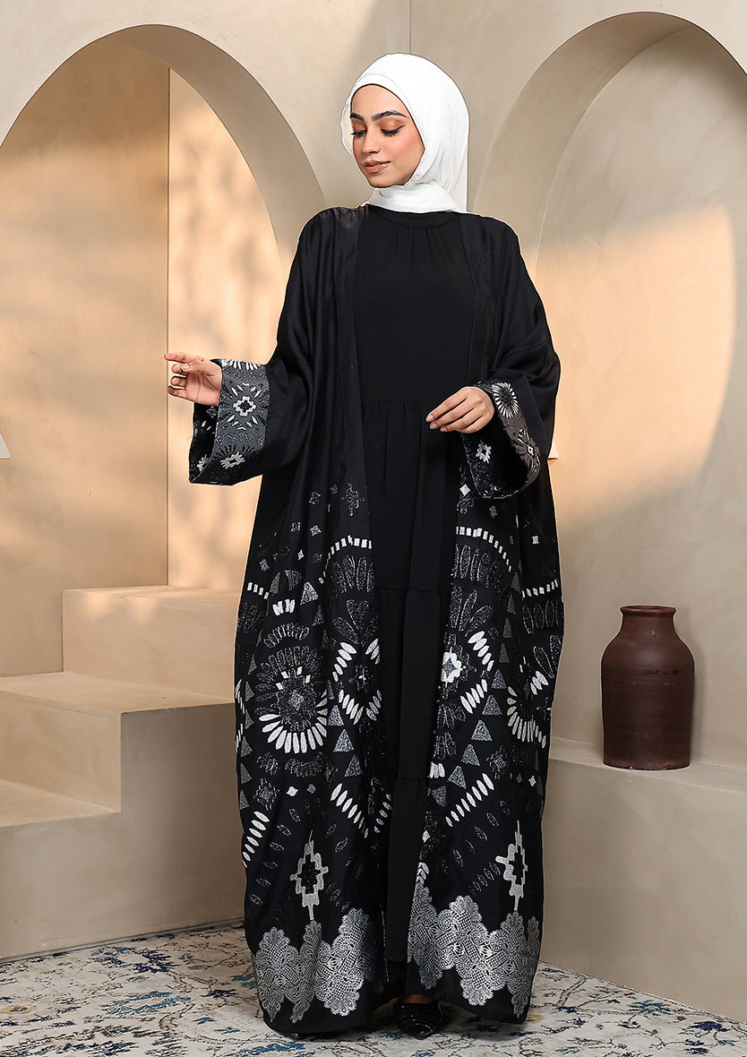 Premium Brocade Abaya - Silver Black