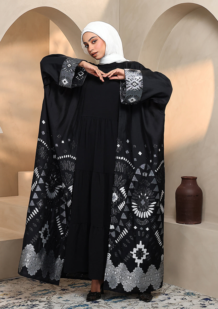 Premium Brocade Abaya - Silver Black