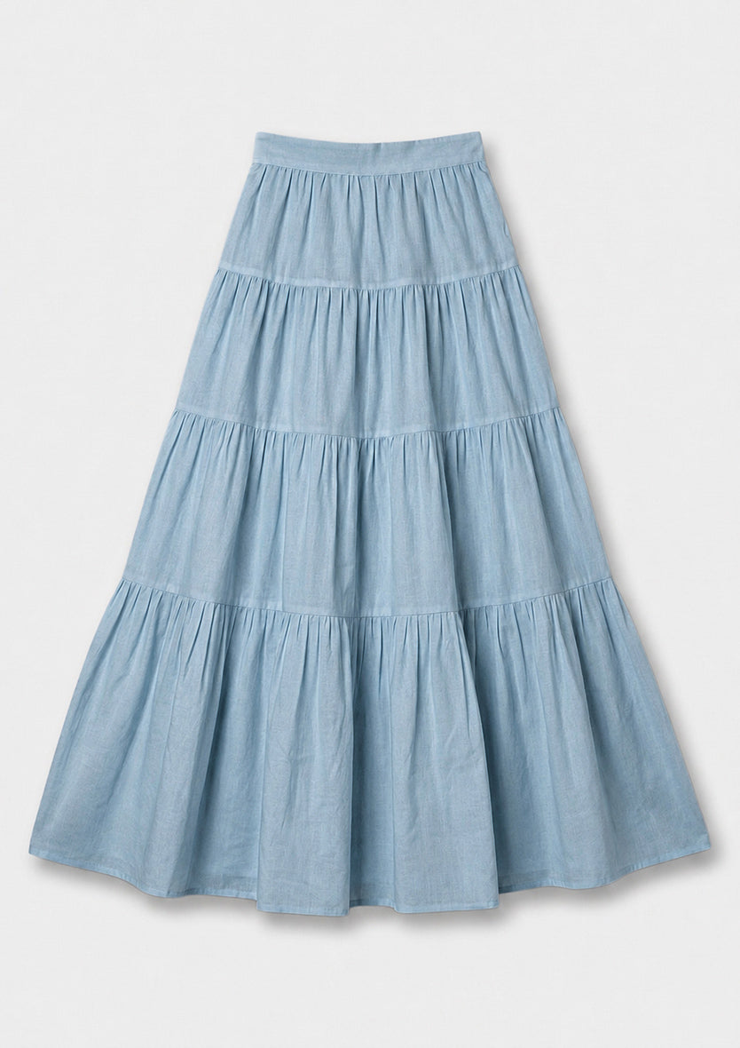 Capri Ruffle Maxi Skirt - Baby Blue Linen Combo