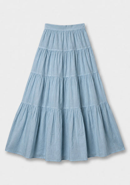 Capri Ruffle Maxi Skirt - Baby Blue Linen Combo