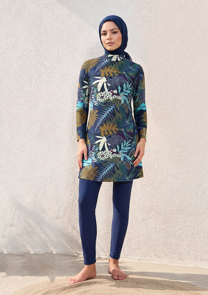 Forest Mirage Navy - 3 Piece Modest Swim Set