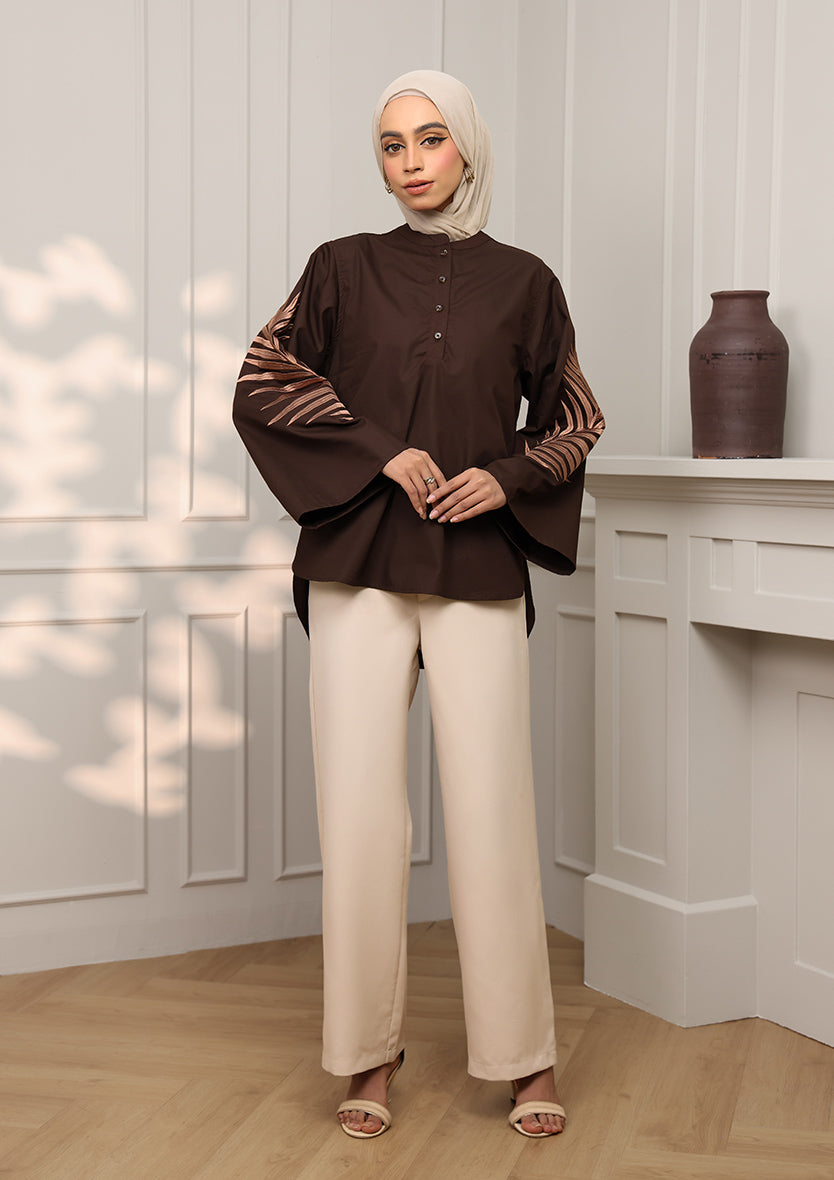 Chocolate Palm Leaf Embroidery Top