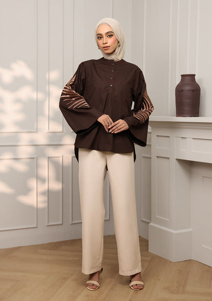 Chocolate Palm Leaf Embroidery Top