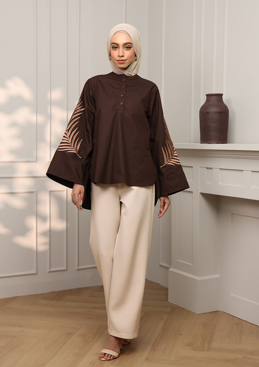 Chocolate Palm Leaf Embroidery Top