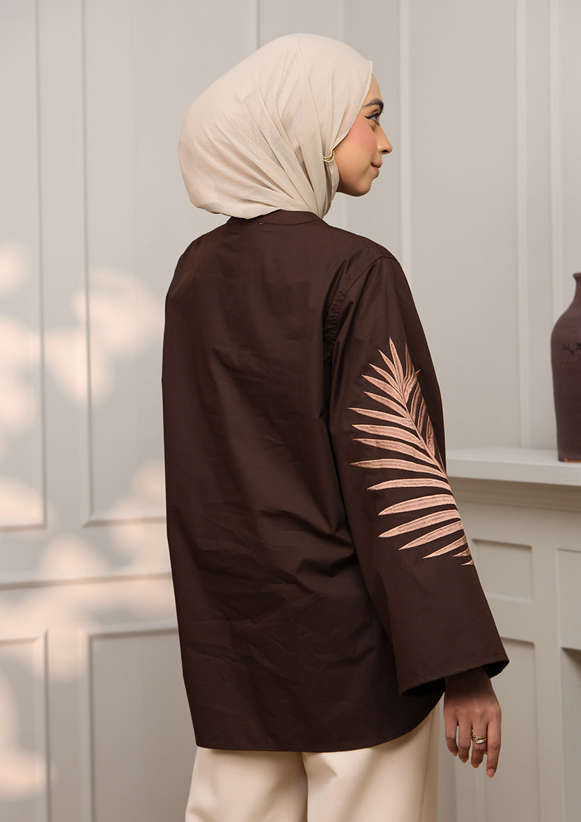Chocolate Palm Leaf Embroidery Top
