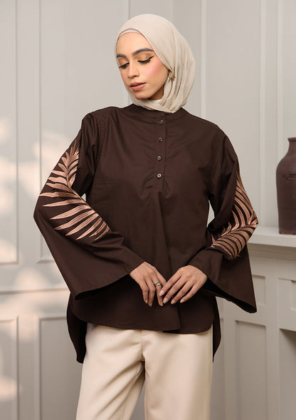 Chocolate Palm Leaf Embroidery Top