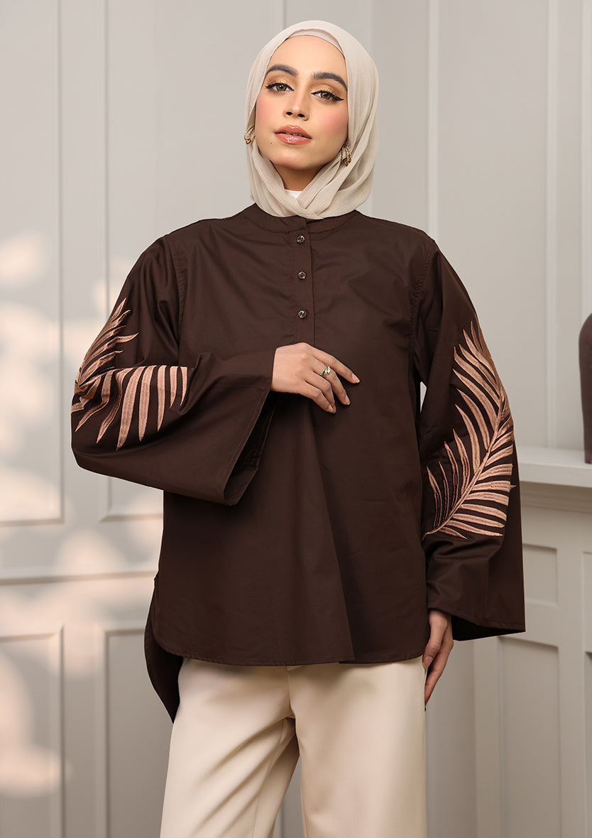 Chocolate Palm Leaf Embroidery Top