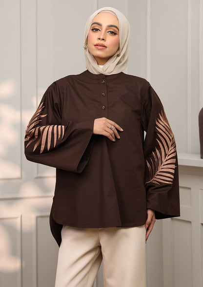 Chocolate Palm Leaf Embroidery Top