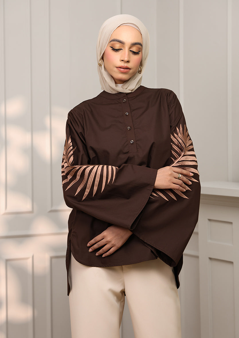 Chocolate Palm Leaf Embroidery Top