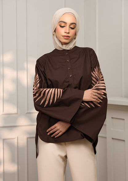 Chocolate Palm Leaf Embroidery Top