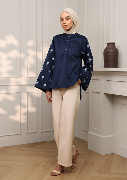 Navy Palm Embroidery Top