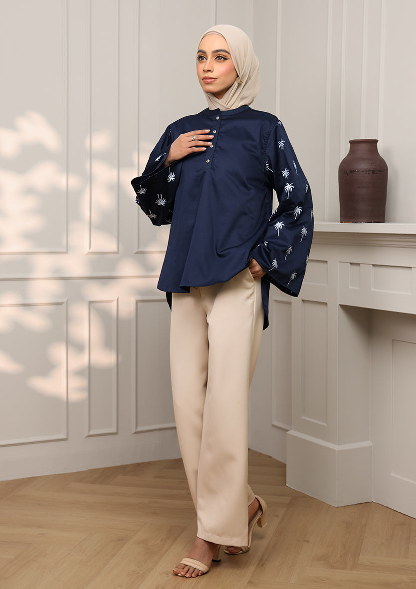 Navy Palm Embroidery Top