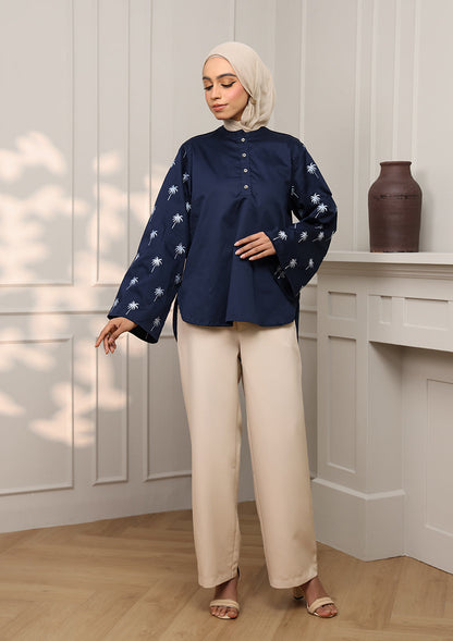 Navy Palm Embroidery Top