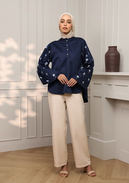 Navy Palm Embroidery Top