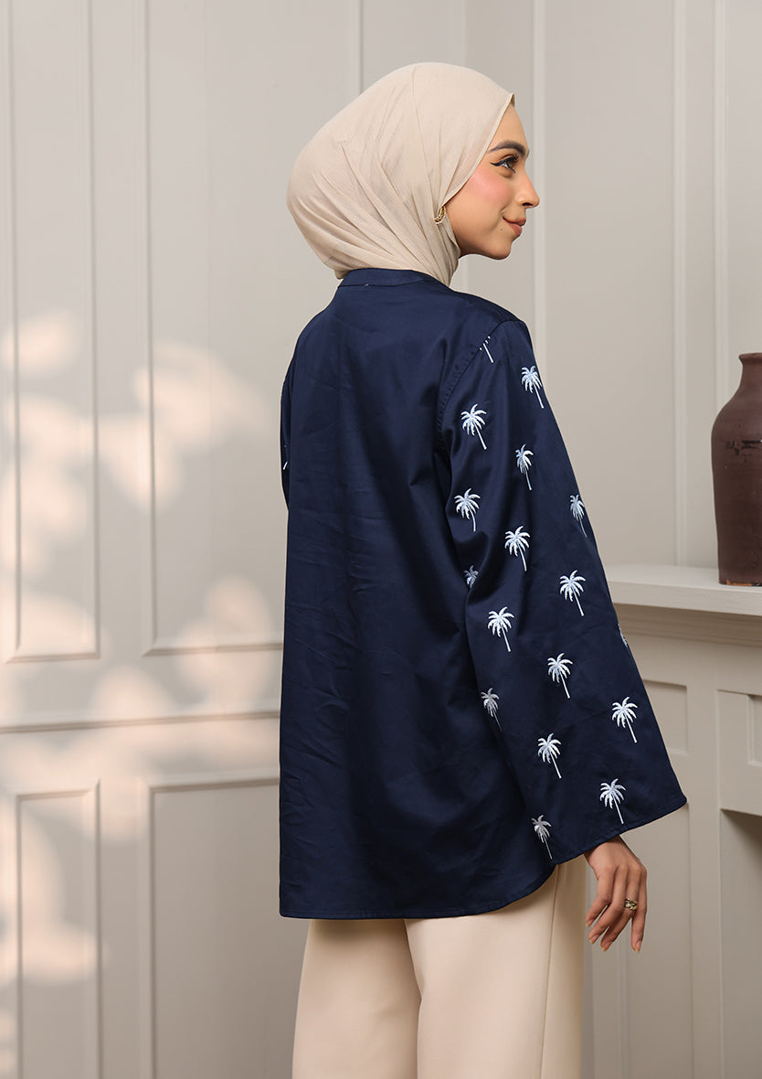 Navy Palm Embroidery Top