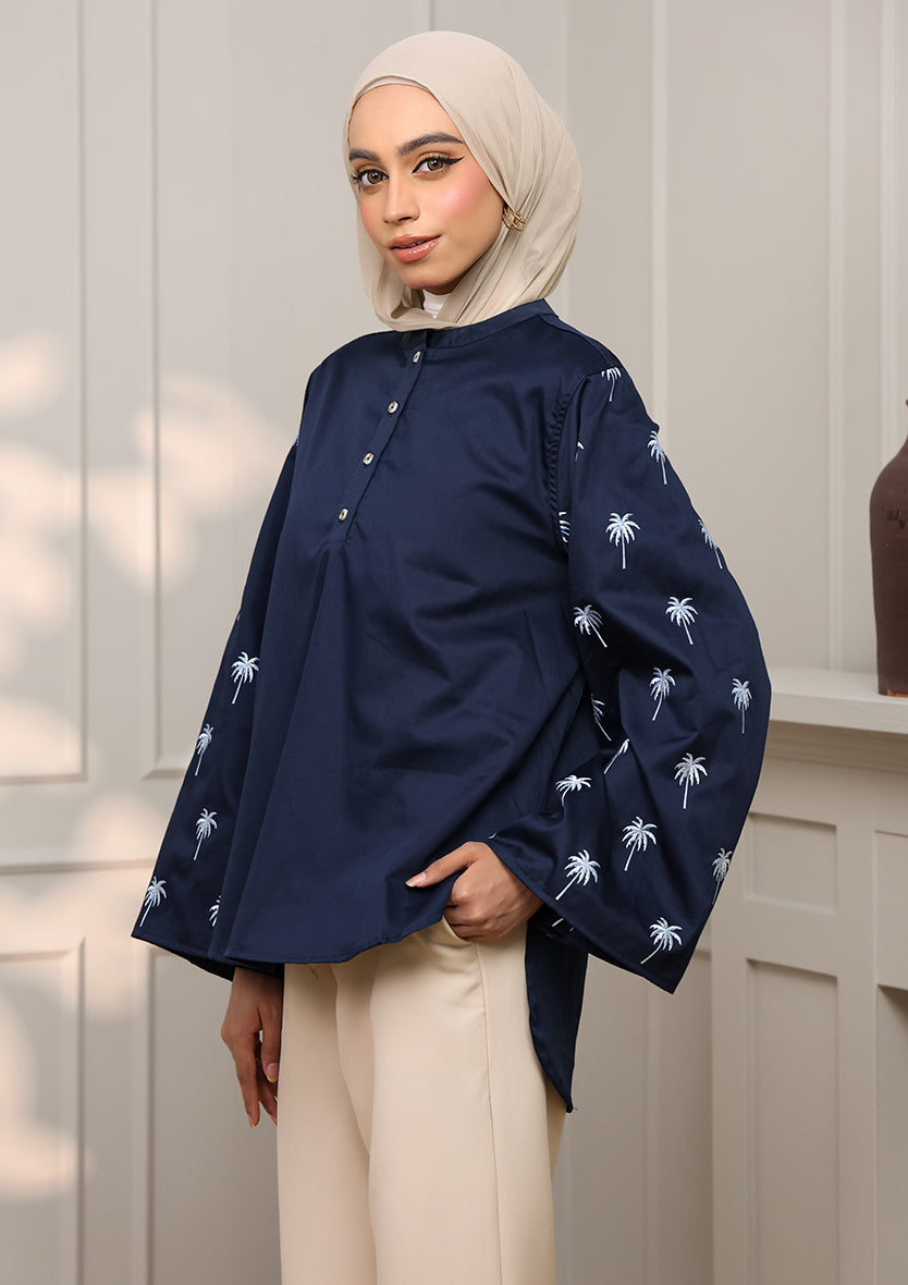 Navy Palm Embroidery Top