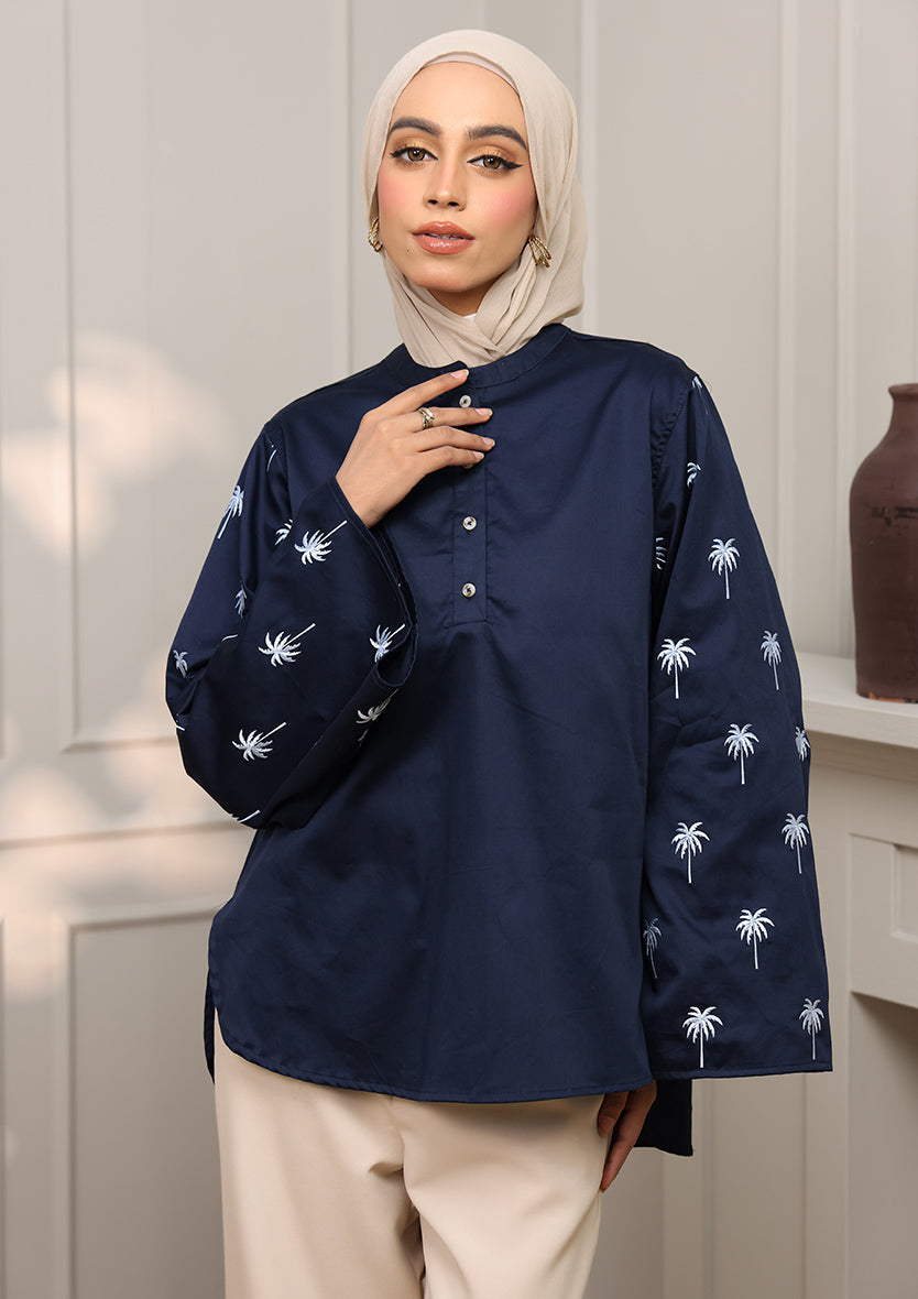 Navy Palm Embroidery Top