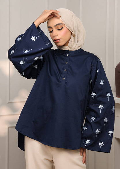 Navy Palm Embroidery Top