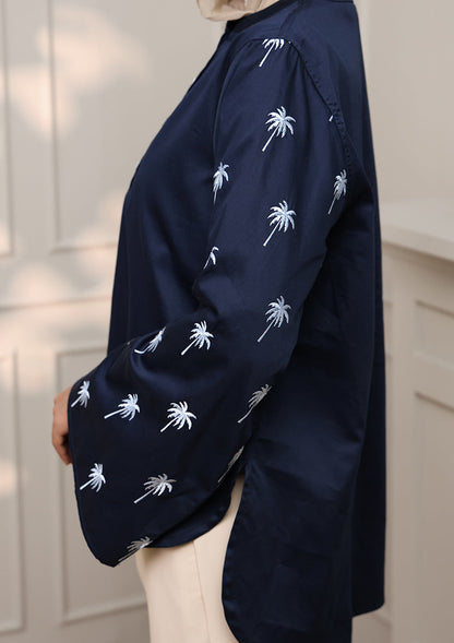 Navy Palm Embroidery Top