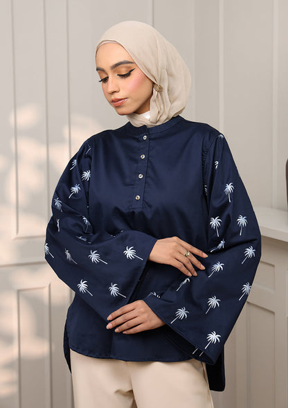 Navy Palm Embroidery Top