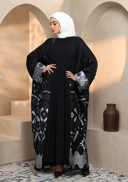 Premium Brocade Abaya - Silver Black