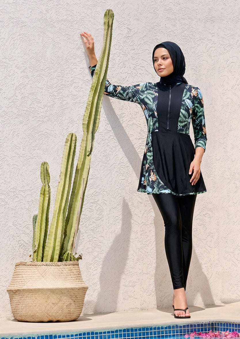 Tropical Black – 3-Piece Modest Swim Set