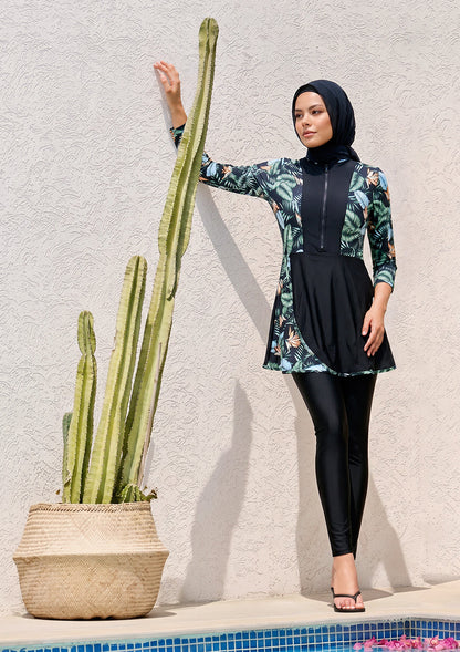 Tropical Black – 3-Piece Modest Swim Set