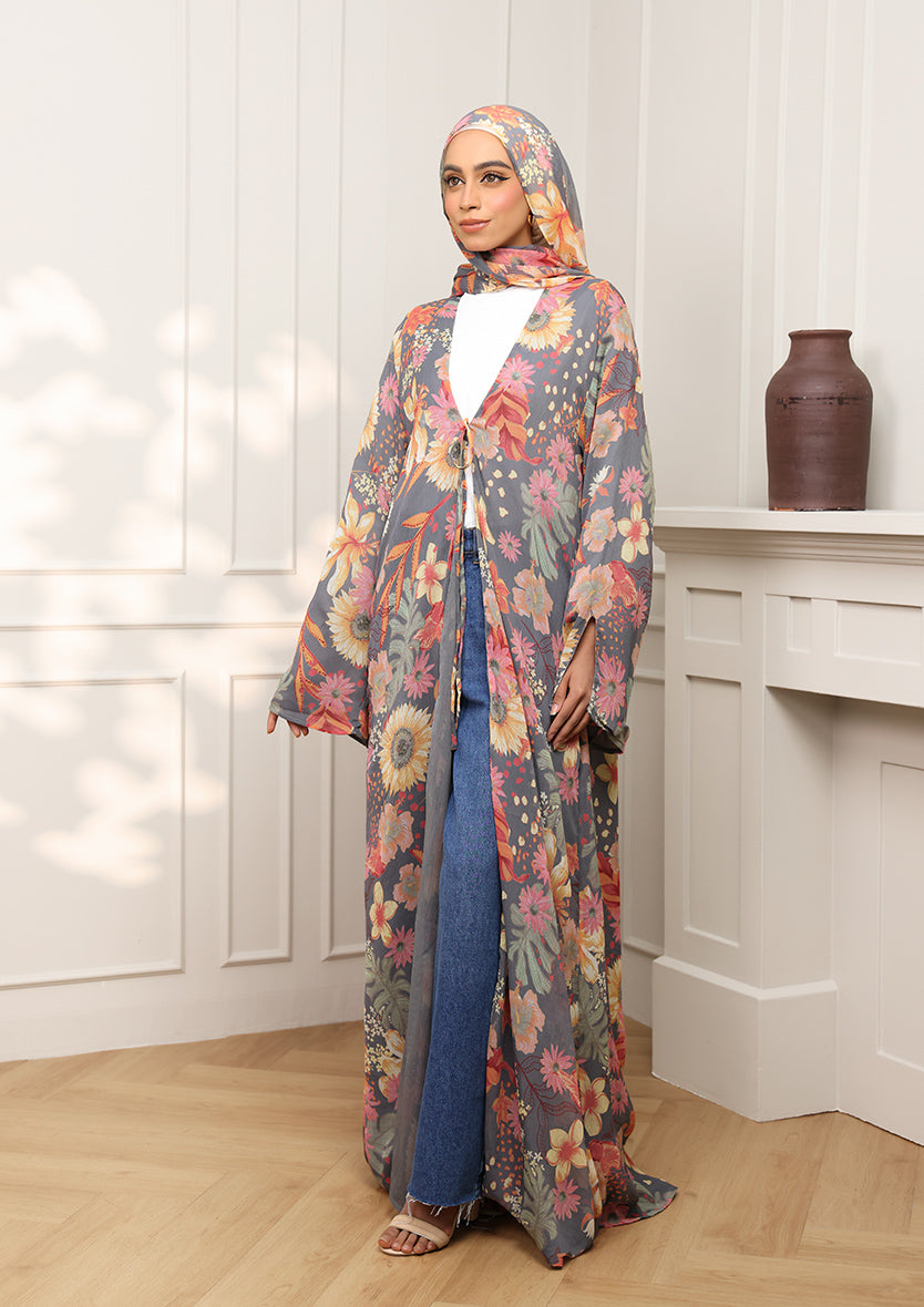 Tie Front Abaya & Shawl Set - Eden Garden
