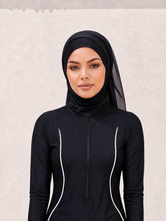 Black Swim Capneck Hijab With Chiffon Shawl