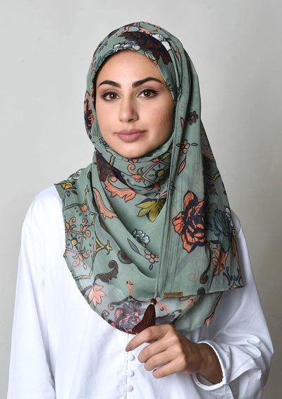 Baroquesque Green - Crinkled Chiffon - BOKITTA Hijab